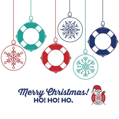 Lifebuoys hanging as decorations 'Merry Christmas! Ho! Ho! Ho!' Christmas ecard