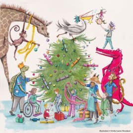 Roald Dahl characters around Christmas tree christmas ecard