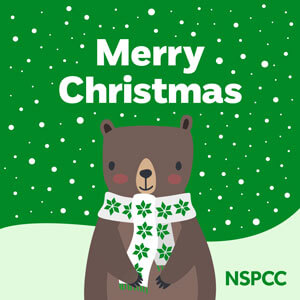 NSPCC 'Merry Christmas' bear in scarf christmas ecard