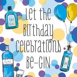 Gin bottles tied to balloons 'Let the celebrations be-gin' birthday ecard