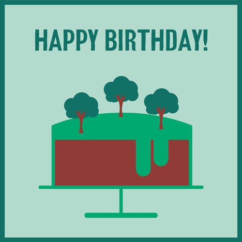 Tree topped cake dripping icing trees 'Happy Birthday!' birthday ecard