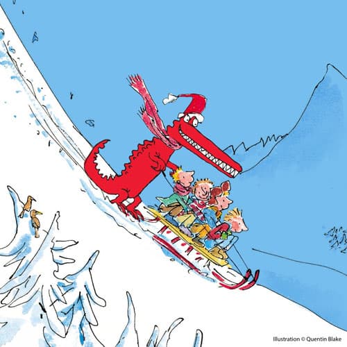 Roald Dahl characters sledding down snowy hill christmas ecard