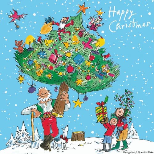 Roald Dahl characters around Christmas tree christmas ecard