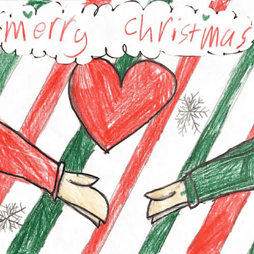 Child's illustration of heart 'merry christmas' heartfelt homelessness Christmas ecard