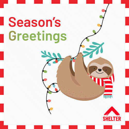 Sloth with scarf around neck hanging from Christmas lights 'Season's Greetings' Christmas ecard