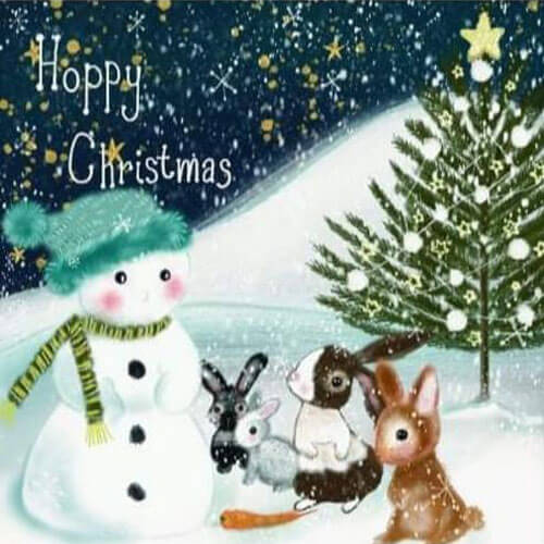 Rabbits and snowman 'Hoppy Christmas' christmas ecard