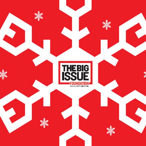Giant snowflake on red Big Issue Christmas ecard