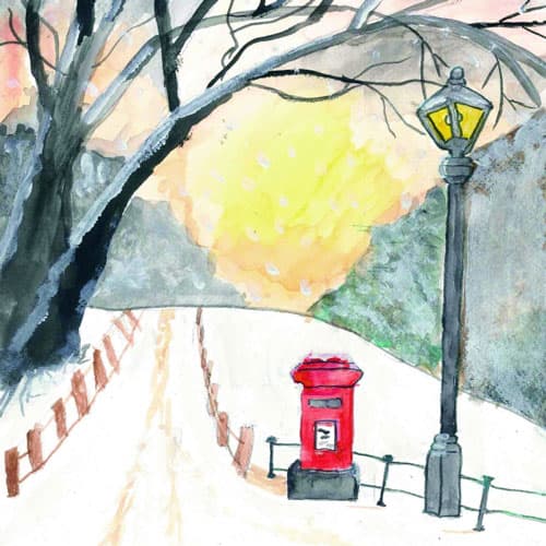Postbox on snowy path Christmas ecard