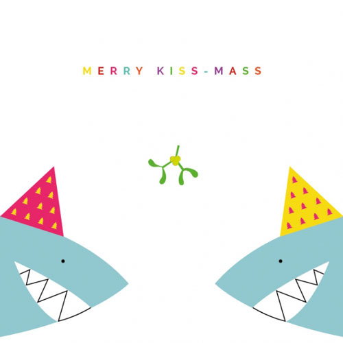 Sharks in party hats 'Merry Kiss-Mass' Christmas ecard