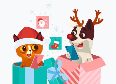 Cat and dog in christmas boxes